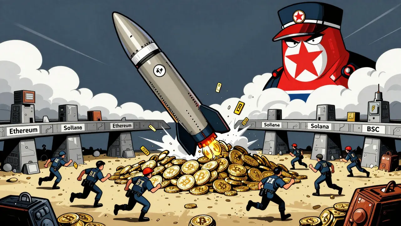 A nuclear missile rises from stolen Bitcoin as analysts chase keys through blockchain bridges.