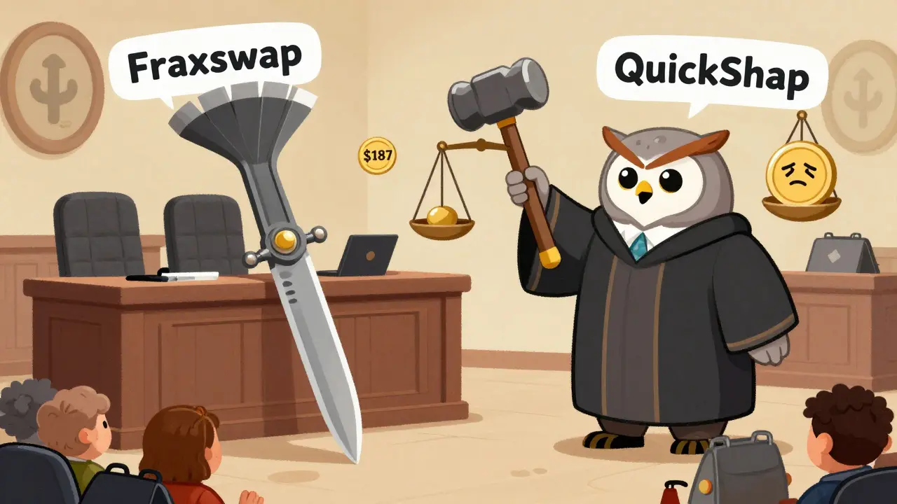 A scalpel labeled Fraxswap stands trial against a hammer labeled QuickSwap in a whimsical courtroom, judged by an owl with a blockchain robe.