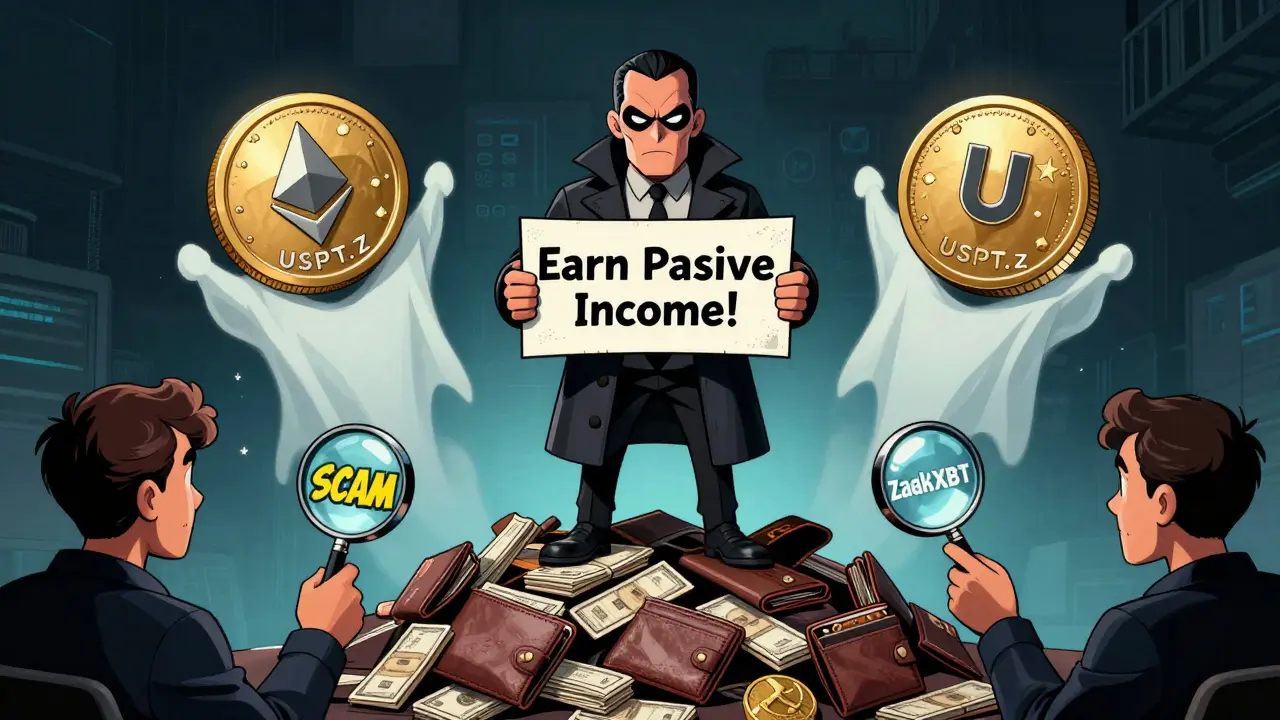 A scammer holds a fake 'Earn Passive Income' sign while two nearly identical fake tokens float on blockchains.