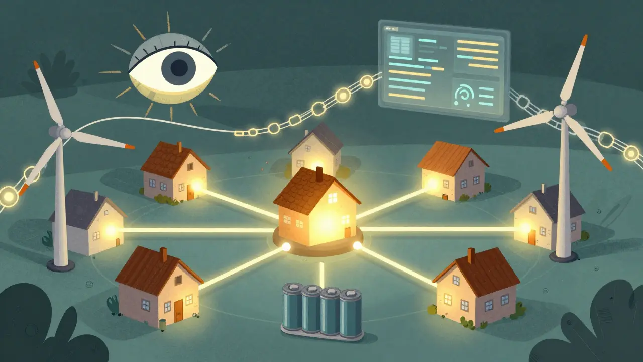 A smart grid in Germany connects homes and energy sources with glowing blockchain nodes.