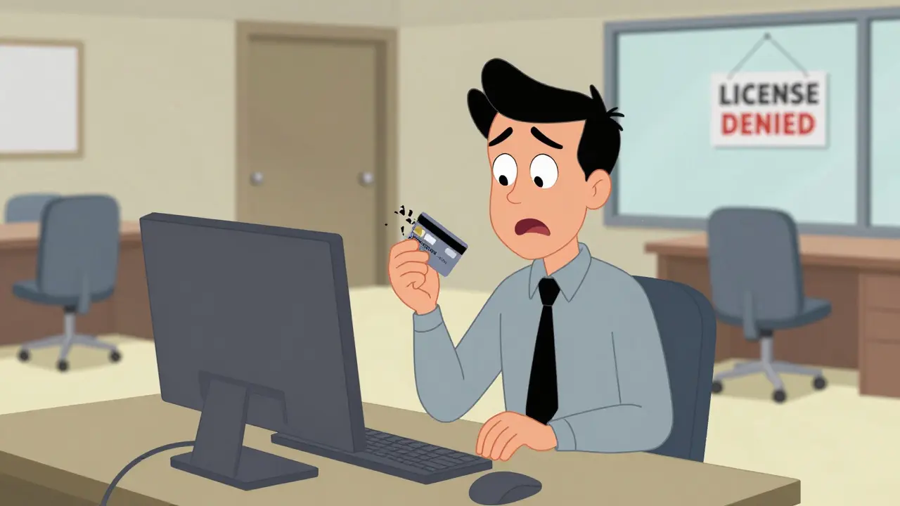 A startup founder watches their office empty after a license denial, credit card broken.