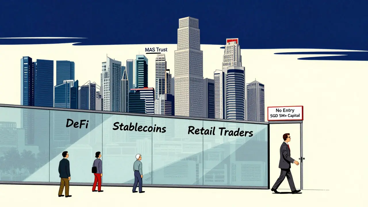 A towering MAS trust building blocks retail crypto users, only wealthy institutions pass through.