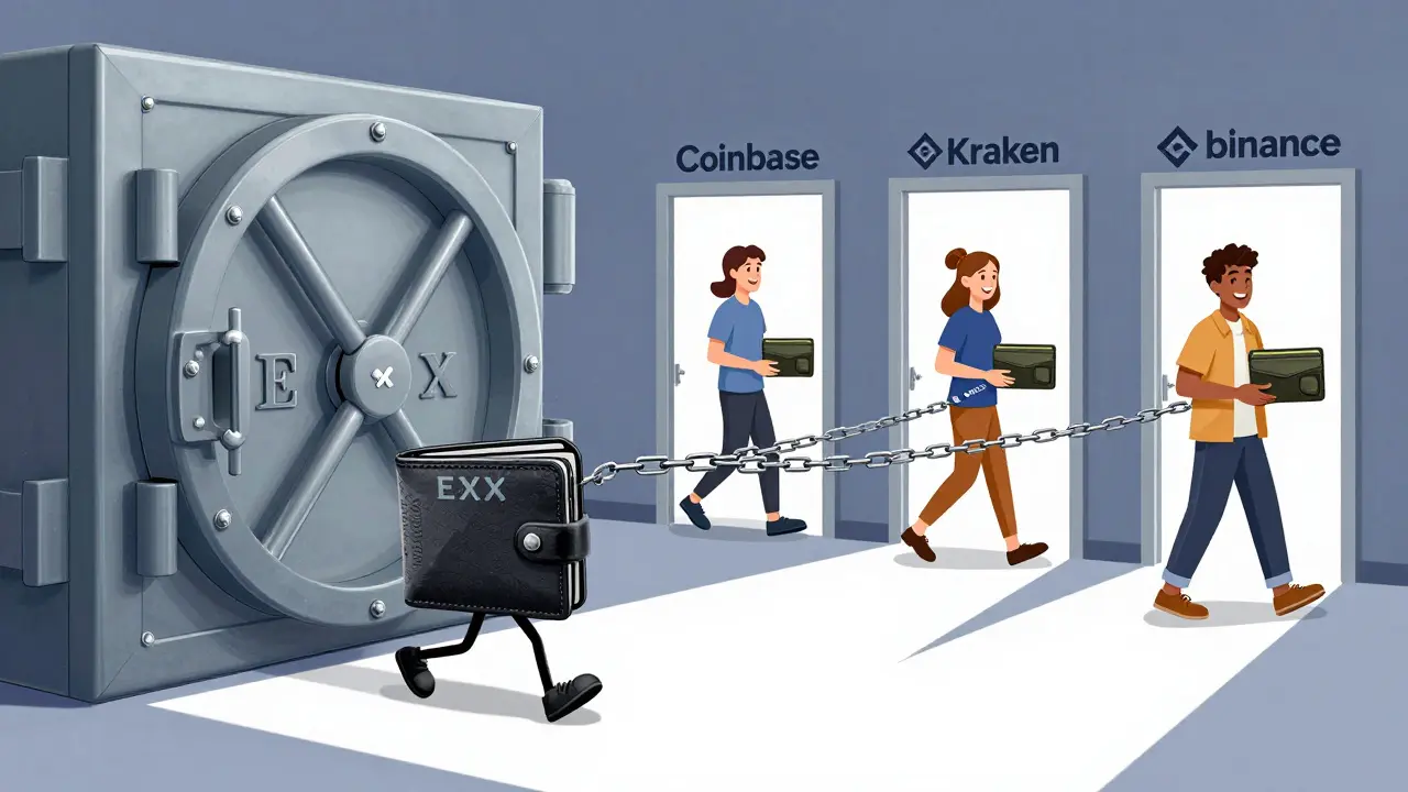 A wallet tries to escape a vault chained by invisible labels like 'No Reviews' and 'No App.'