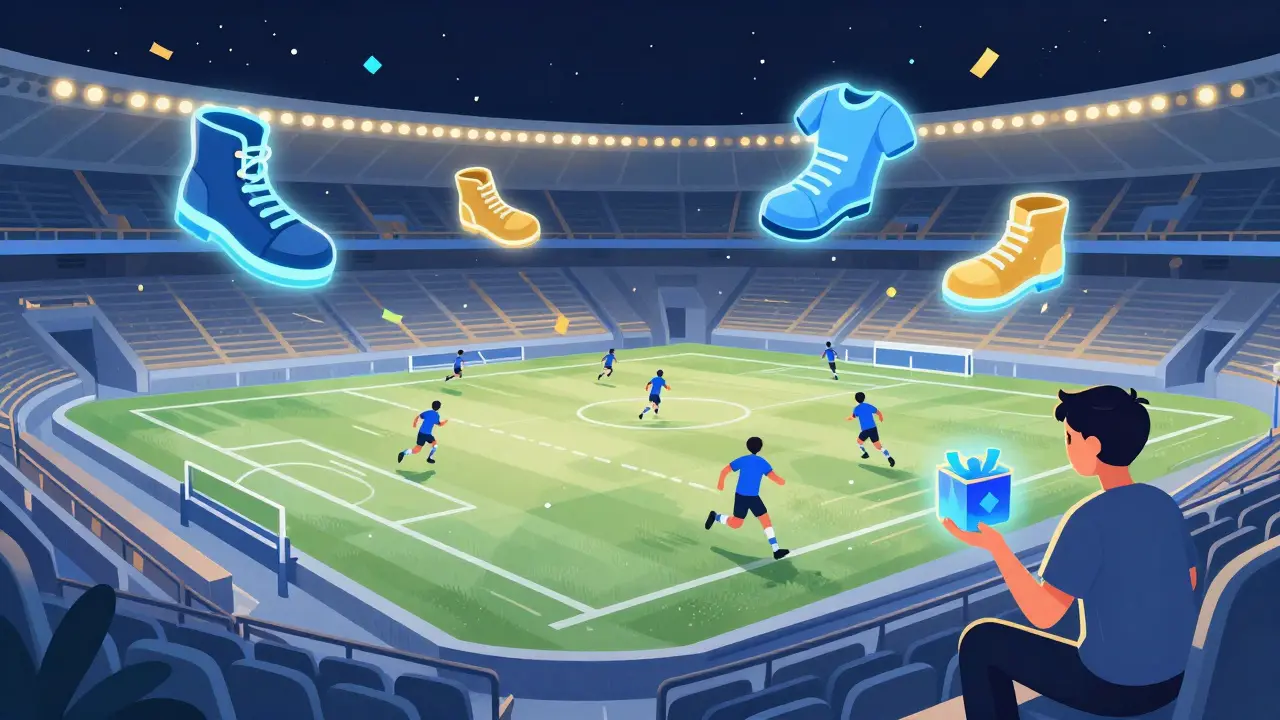 AI football players racing at high speed in a neon-lit stadium with cosmetic gear floating nearby.