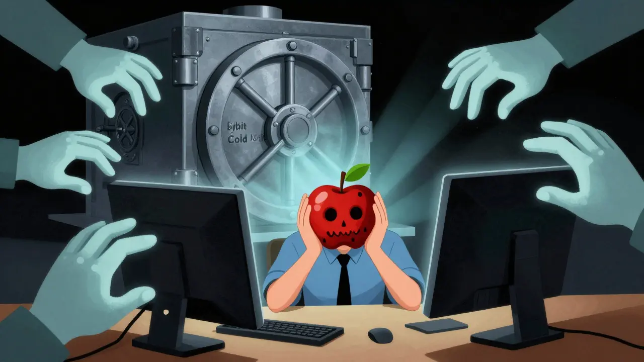 An employee holds a poisoned software update while ghostly hackers drain a crypto vault.