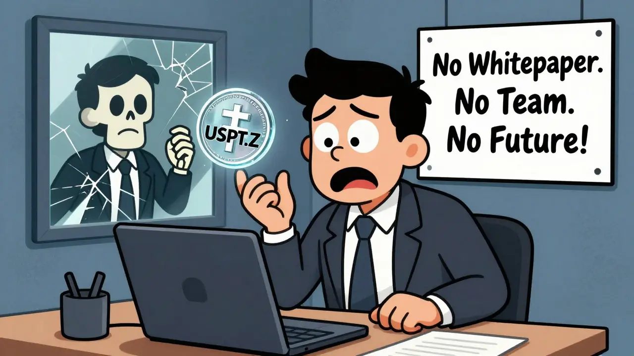 An investor swaps real USDT for a transparent ghost token with no value, reflected as a skeleton in a cracked mirror.