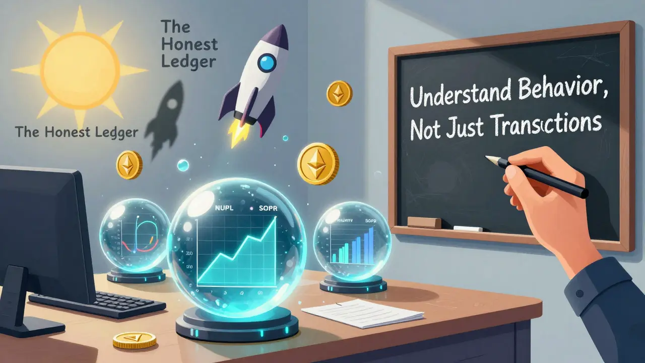 Analyst with AI metrics and fading privacy coins, under slogan 'Understand Behavior, Not Just Transactions'.