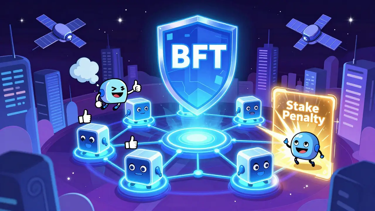 Blockchain nodes as robots, one lying while others vote, protected by a BFT shield.