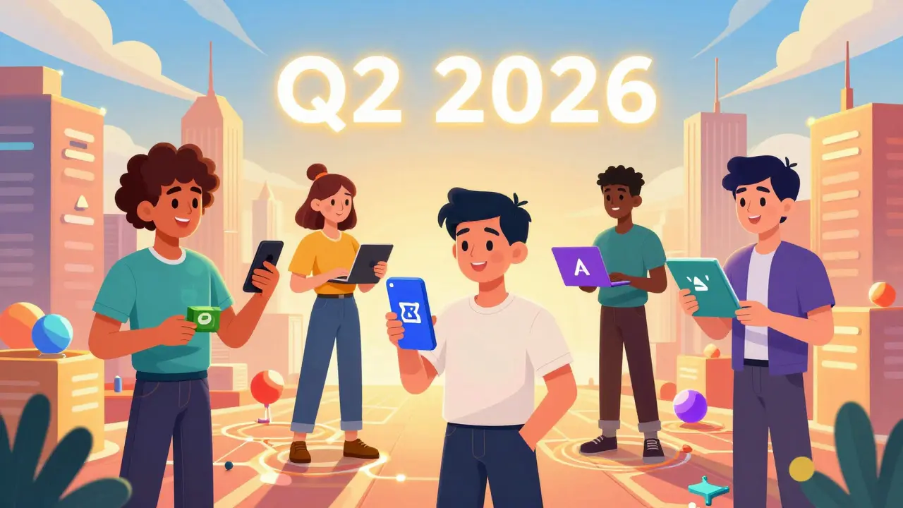 Diverse avatars using DeFi apps in a blockchain-themed city under a Q2 2026 countdown clock.