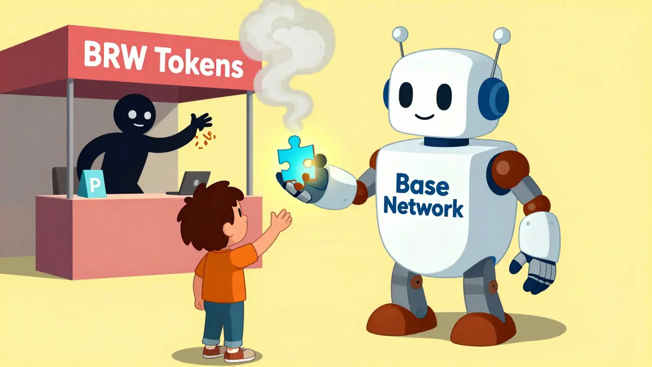 Friendly Base robot giving tokens to active users while a scam booth crumbles nearby.