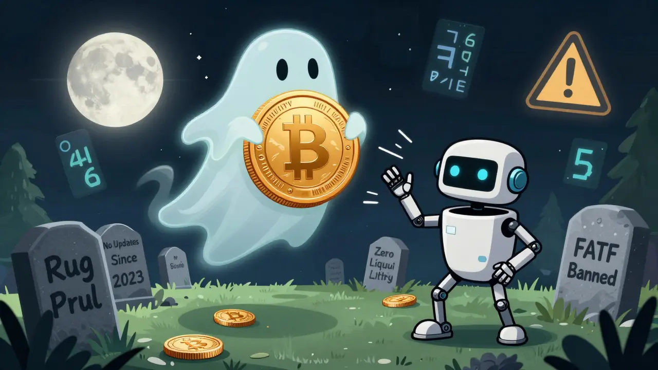 Ghostly PRCY coin hovering over a crypto graveyard with trading bots