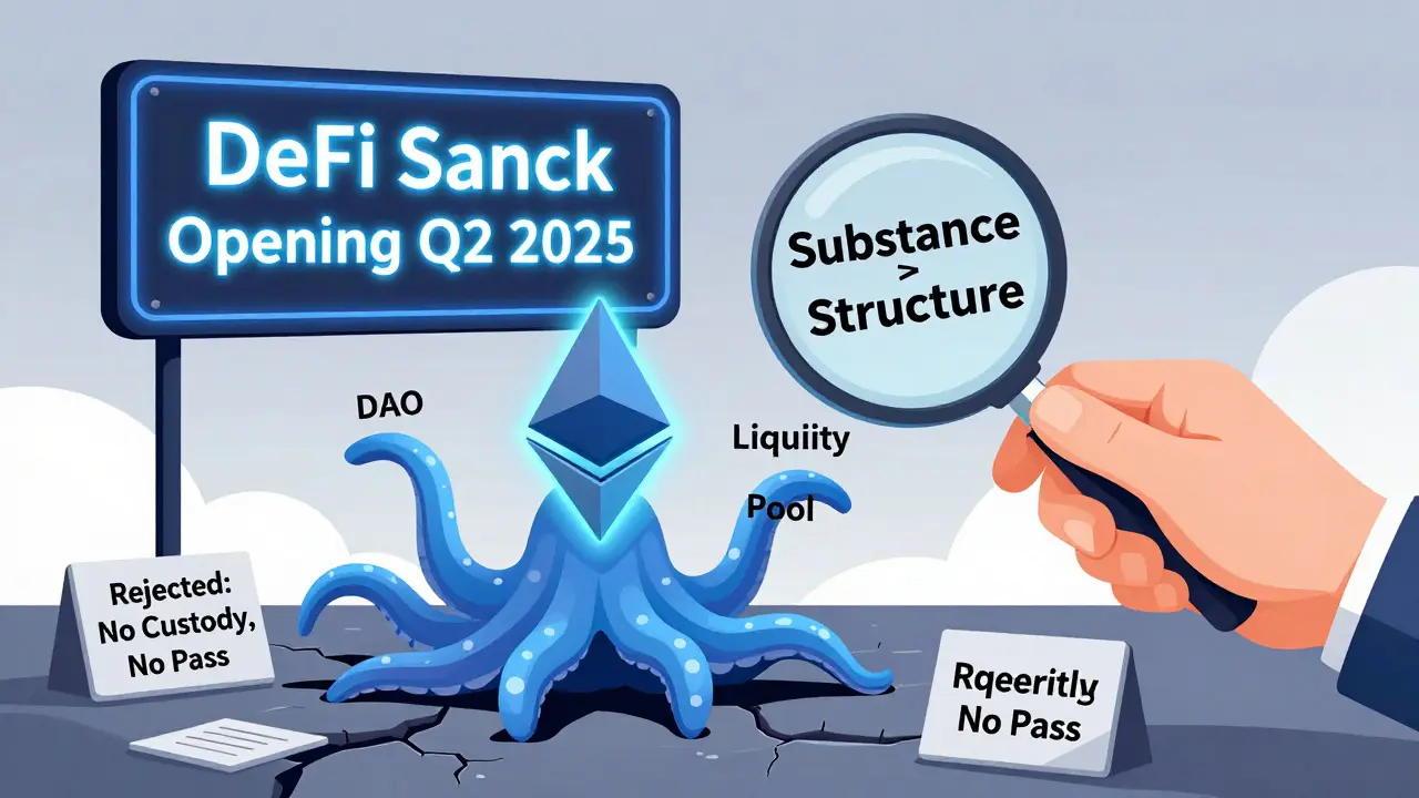 Glowing DeFi protocol blocked by FINMA hand reading 'Substance > Structure', with 'DeFi Sandbox' sign in background.