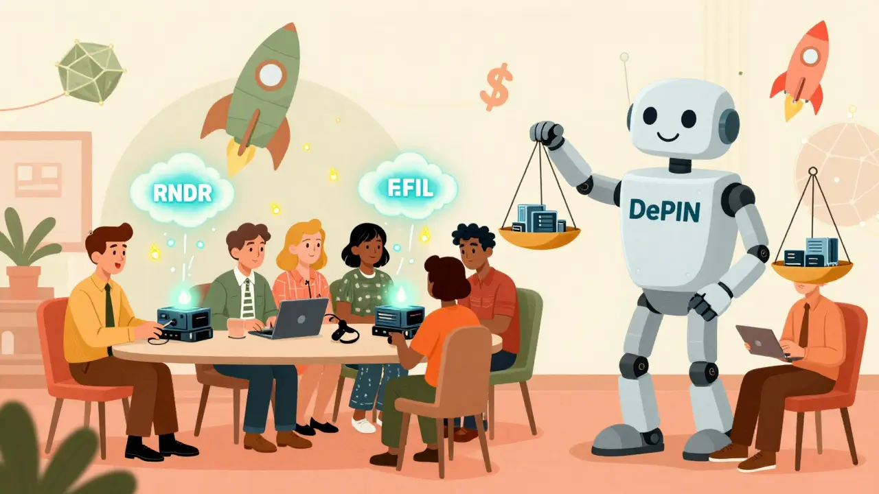 People using computers to power digital clouds and tokens, with a friendly DePIN robot holding a balance scale.