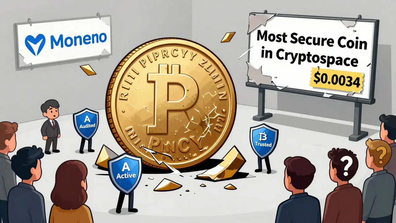 Shattered PRCY coin next to confident crypto coins on a crumbling billboard