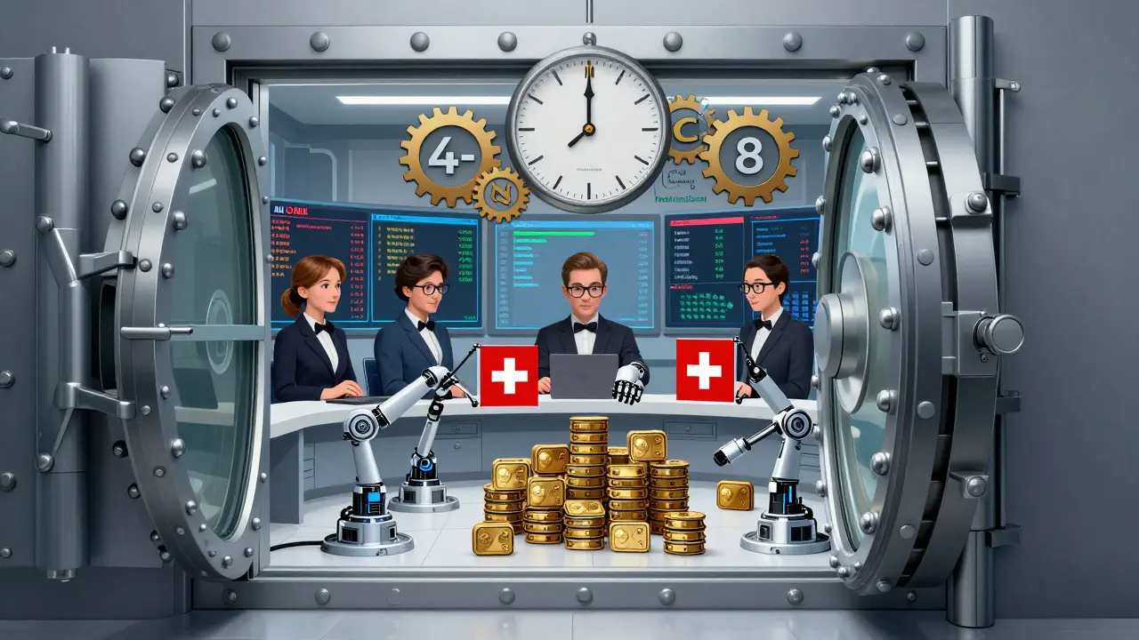 Swiss bank vault with robotic arms handling crypto wallets, compliance officers monitoring AML screens and a 4-8 month clock.