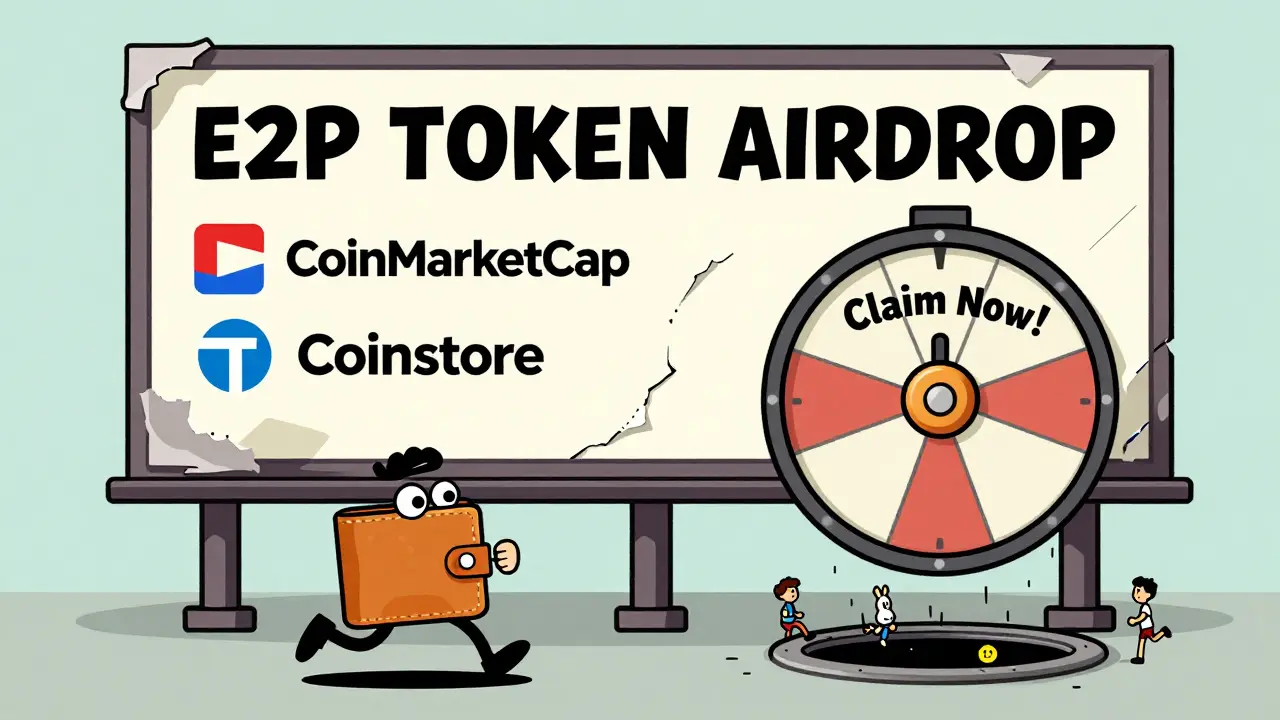 A crumbling 'E2P Airdrop' billboard with users falling into a trap labeled 'Seed Phrase', cartoon style.