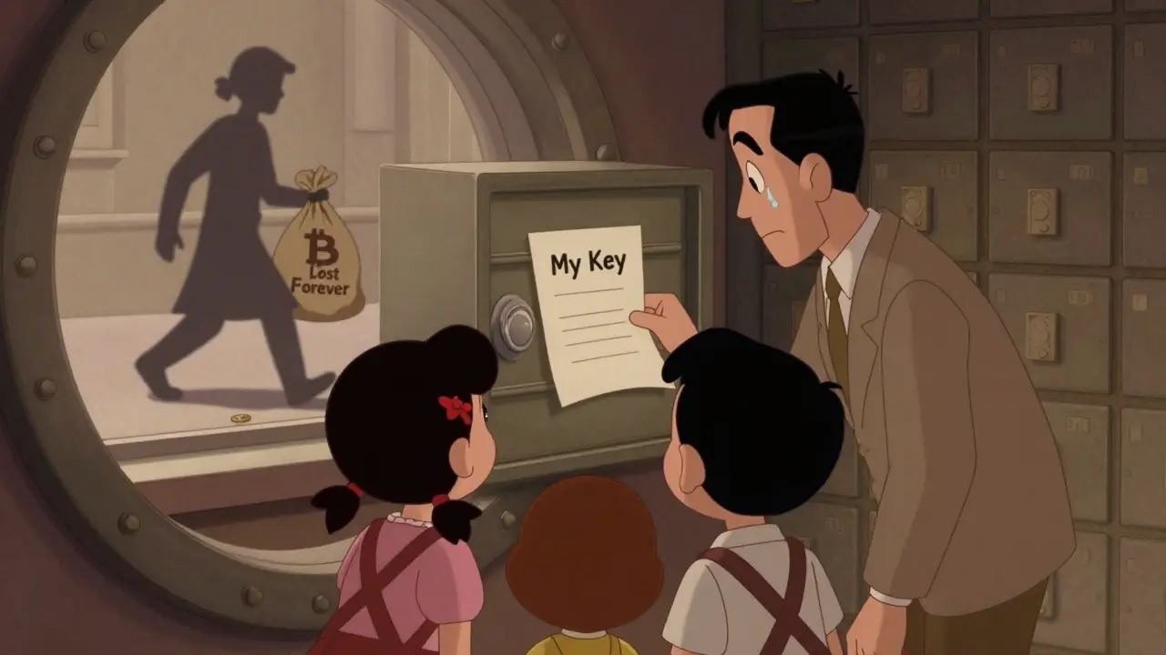 A family stares at a blank recovery paper in a bank vault as Bitcoin coins roll away into darkness.