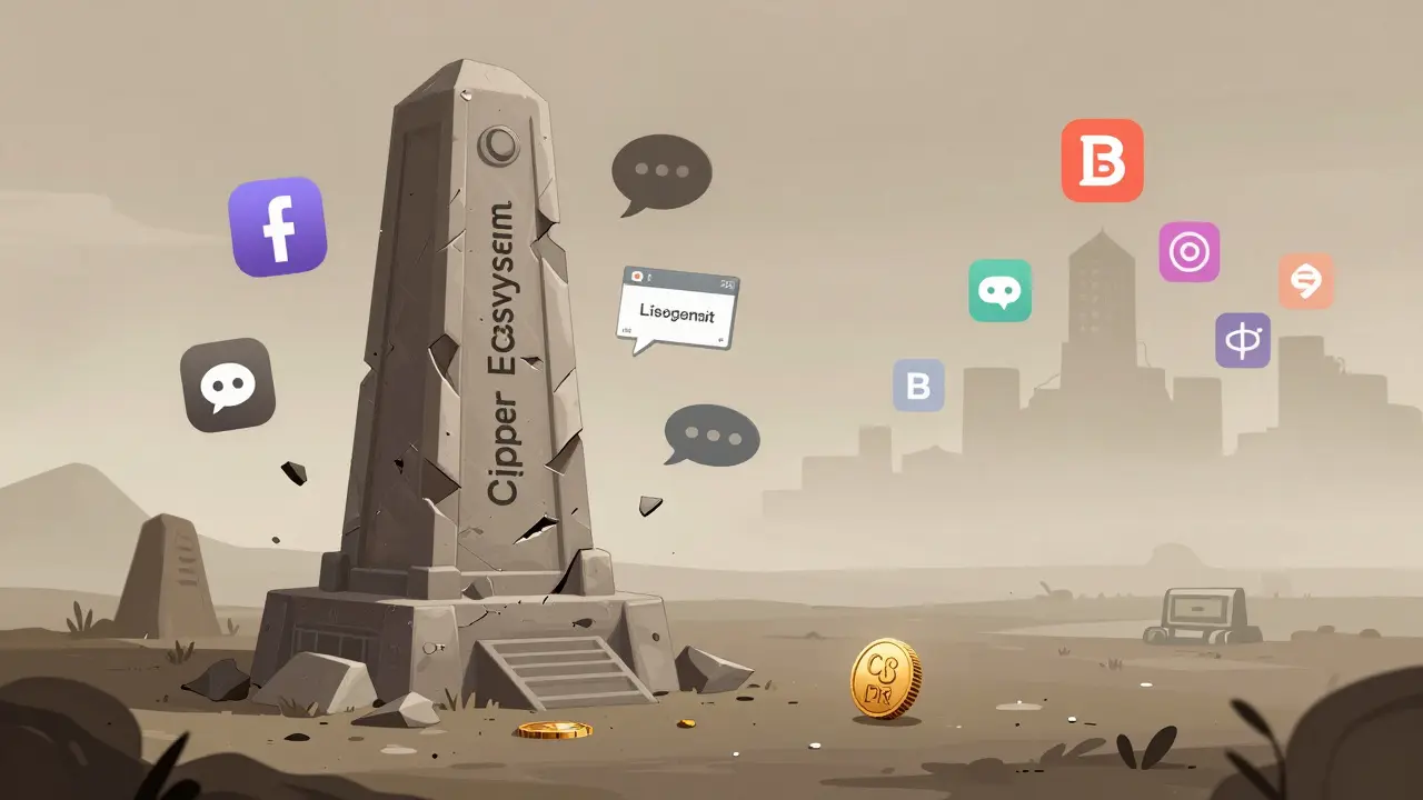 A forgotten Cipher project monument in a digital wasteland as new projects emerge in the distance.