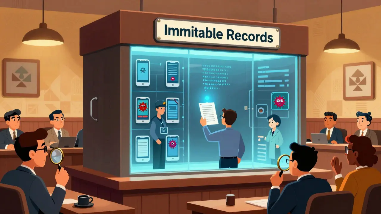 A glass blockchain vault showing hidden threats like hacked devices and coercive figures, while a paper ballot stands as a symbol of trust.