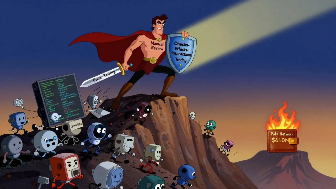 A hero of manual review stands atop code mountains as automated tools fall below, a burned wallet in distance.