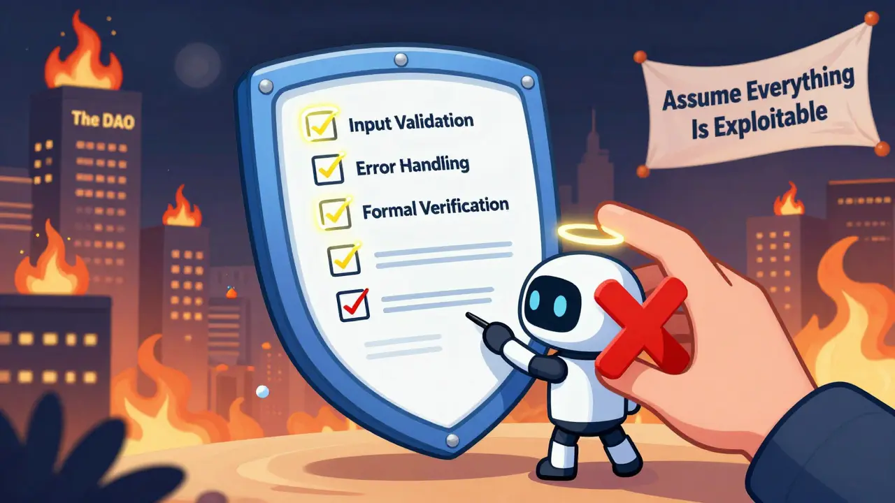 A human blocking an AI from approving a blockchain checklist, with glowing security items and burning blockchain towers in the background.