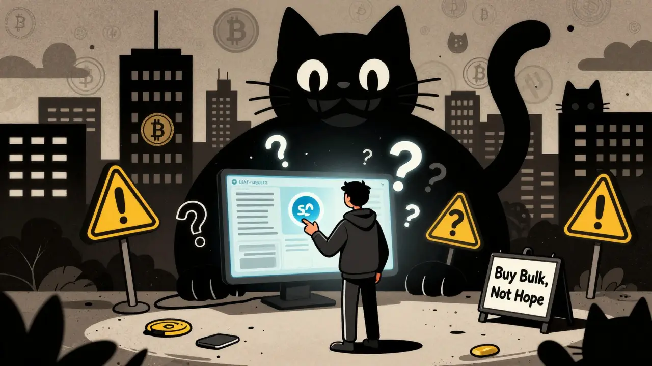 A lone investor with a Sui Wallet, dwarfed by a looming black cat shadow.