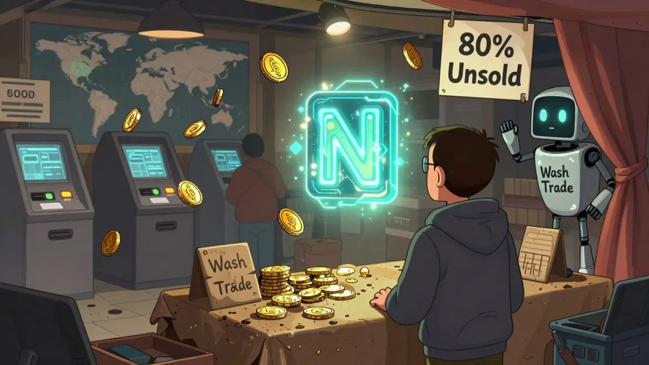 A lonely collector faces an unsold NFT while a lively crypto exchange buzzes in the background.