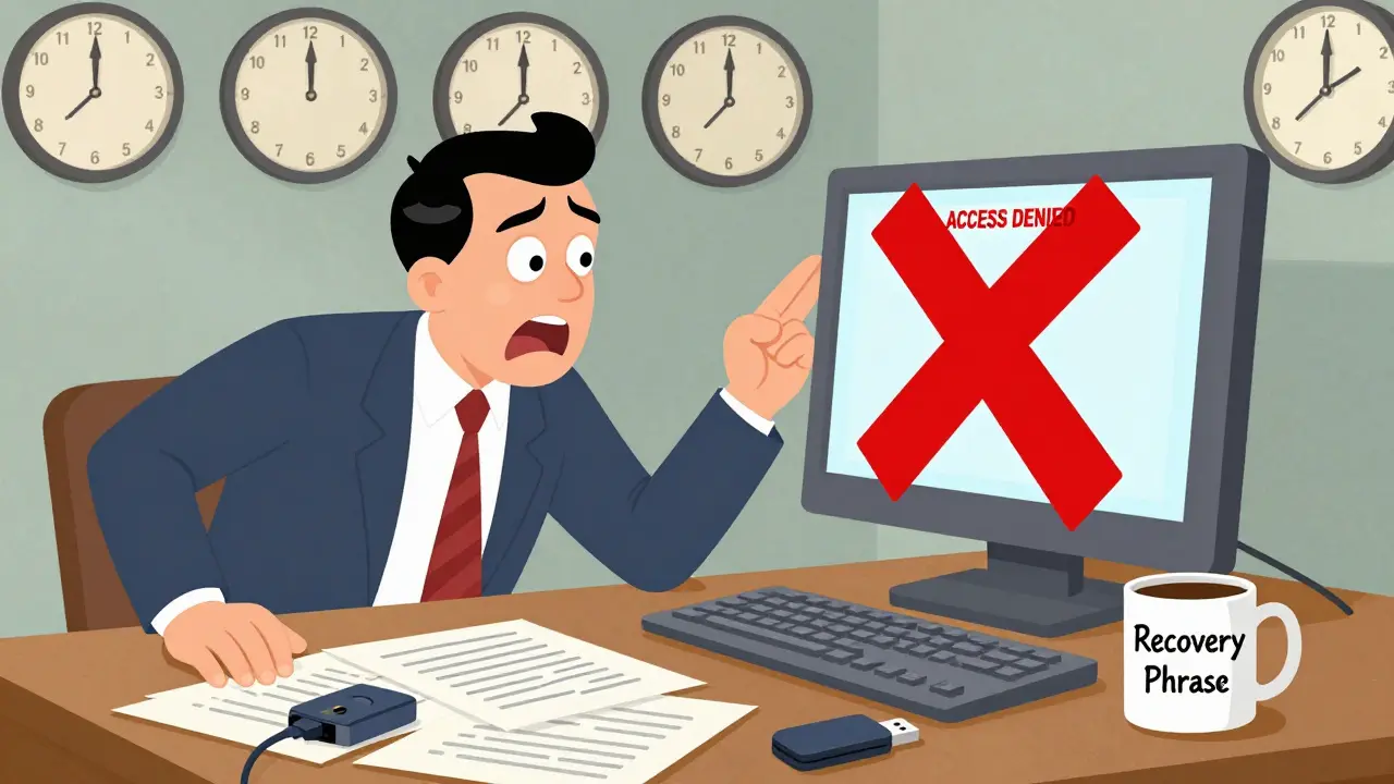 A man searches through cluttered papers and a USB drive as 'ACCESS DENIED' flashes on screen.