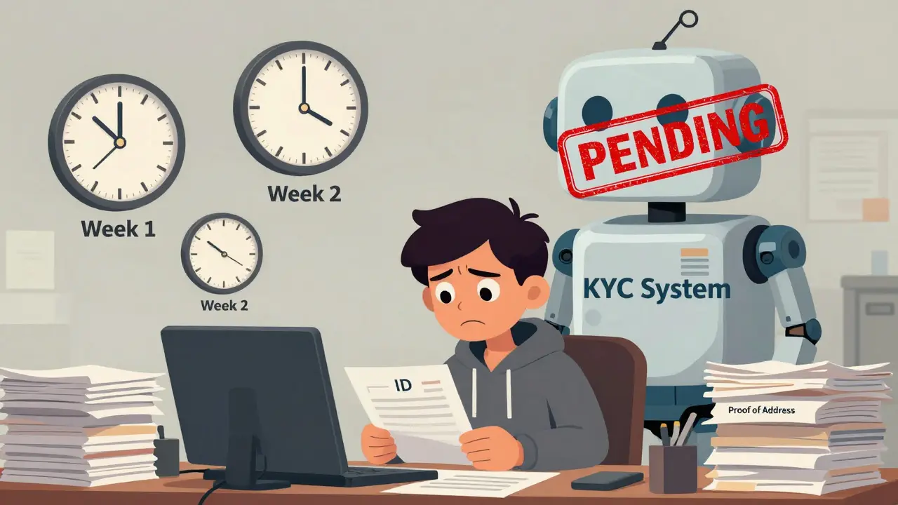 A person surrounded by paperwork and clocks, frustrated as a robot stamps 'PENDING' on verification documents.