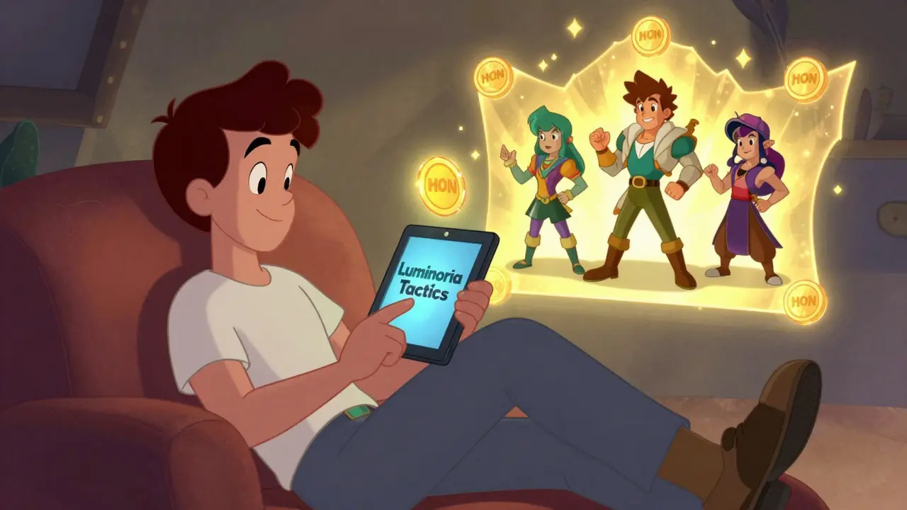 A player on a couch with a tablet showing a game, while staking NFT heroes emit HON coins as sparkles.