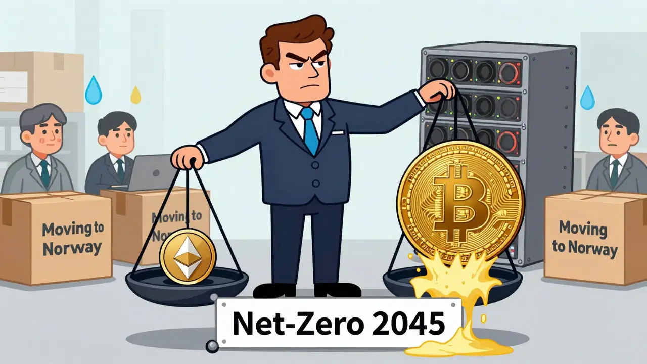 A regulator balances Ethereum and Bitcoin on a scale, showing how Bitcoin overwhelms Sweden's climate goals.