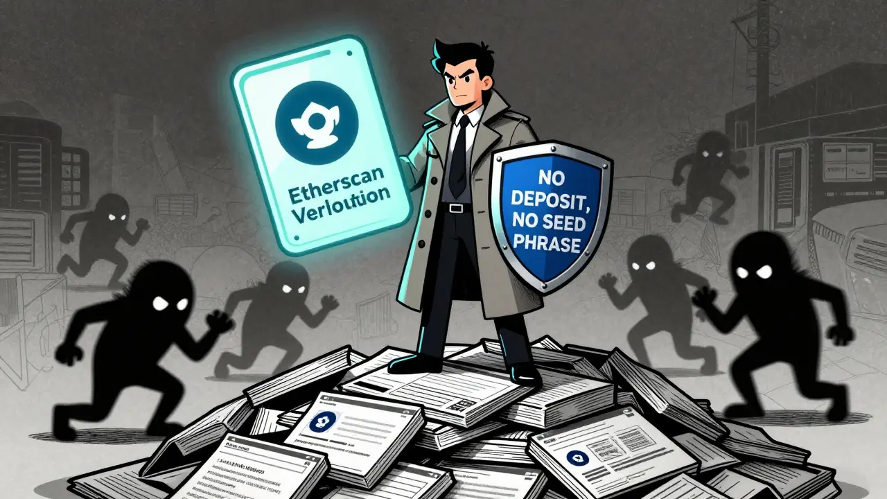 A safety hero standing on fake airdrop sites, holding a shield against shadowy scammers in vintage cartoon style.