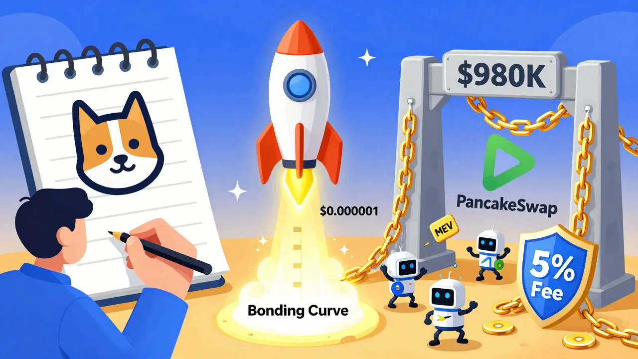 A token's journey from creation to liquidity lock, with a rocket climbing a bonding curve and MEV bots blocked by a shield.