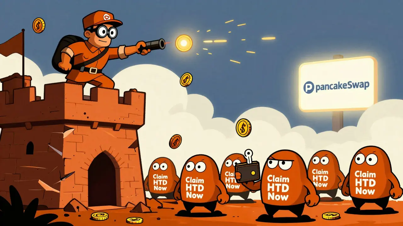 A tower defense hero fighting scam goblins with CGC coins, while a PancakeSwap sign glows in the distance.