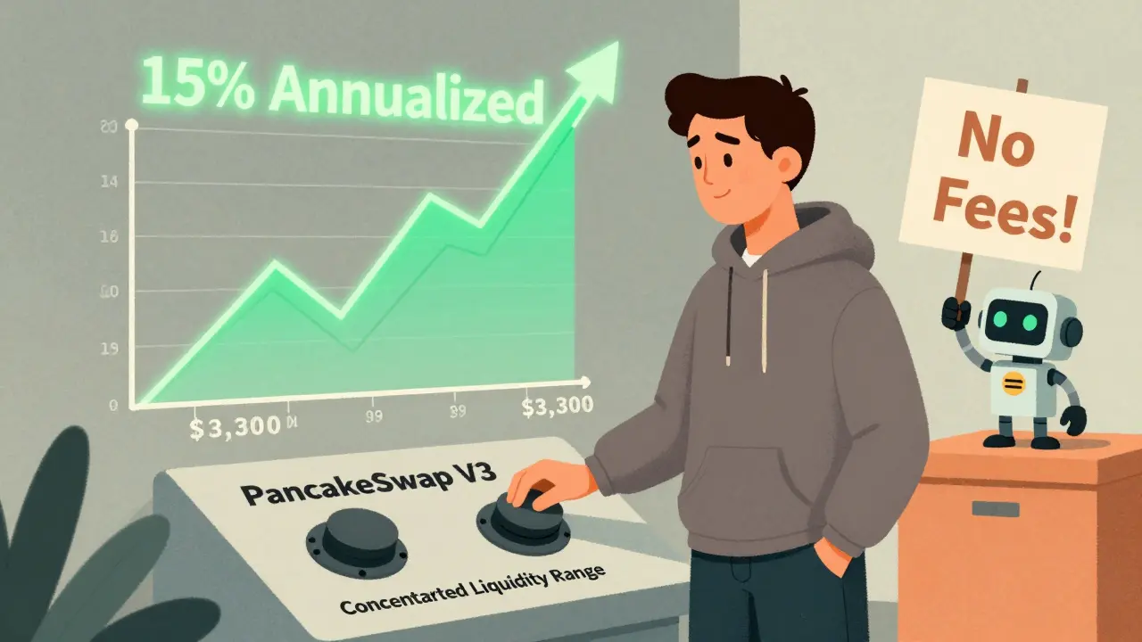 A trader adjusting a liquidity range dial with price arrows and a 'No Fees!' sign in the background.