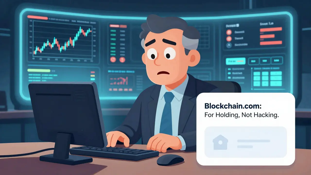 A trader staring at a simple trading screen while a advanced trading terminal glows in the background.