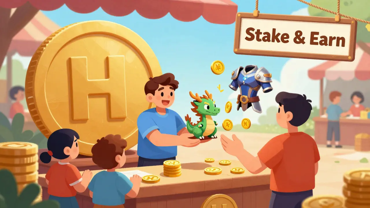 A whimsical marketplace where players trade NFT heroes for HON coins that turn into armor, with a giant HON coin as the counter.