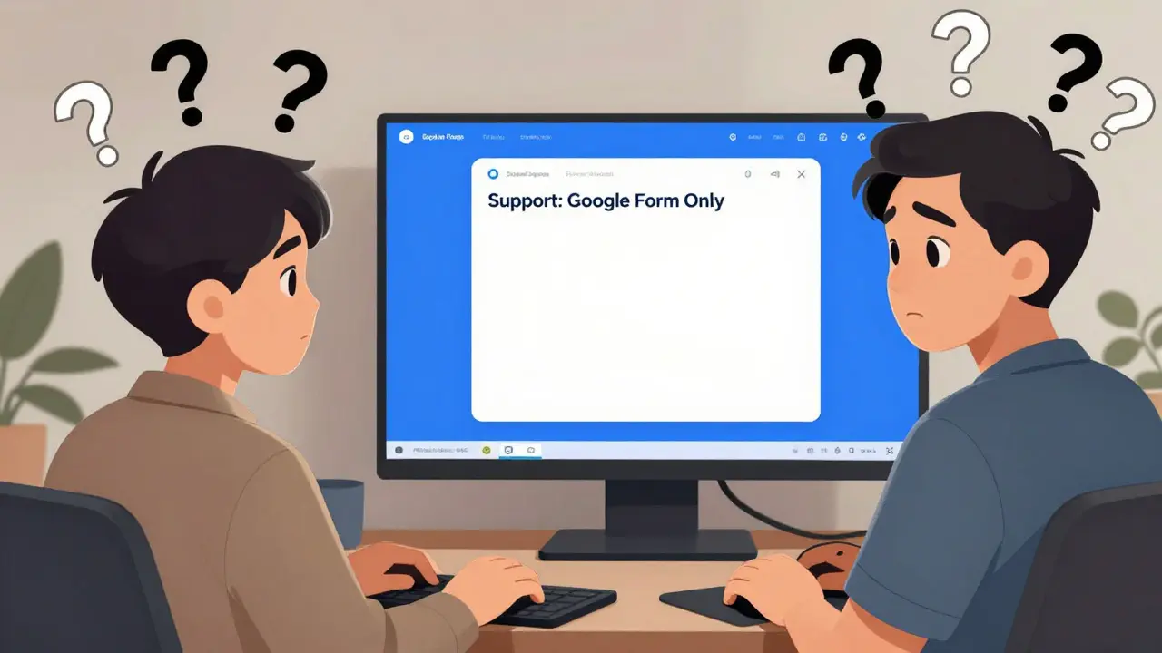 An experienced DeFi user swapping tokens beside a confused beginner facing a blank 'Google Form' support screen.