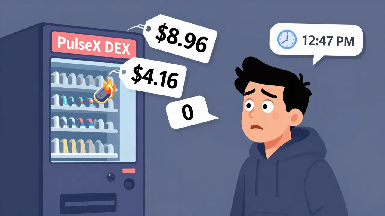 An investor confused by three conflicting prices, with a broken DEX machine spitting errors and a tiny Discord chat showing few users.