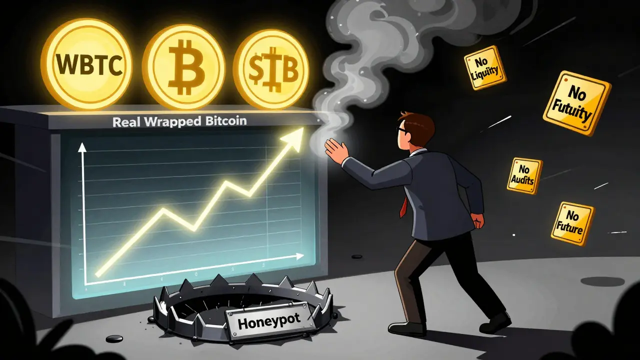 An investor reaching for a vanishing price chart while real wrapped Bitcoin tokens glow safely on a shelf.