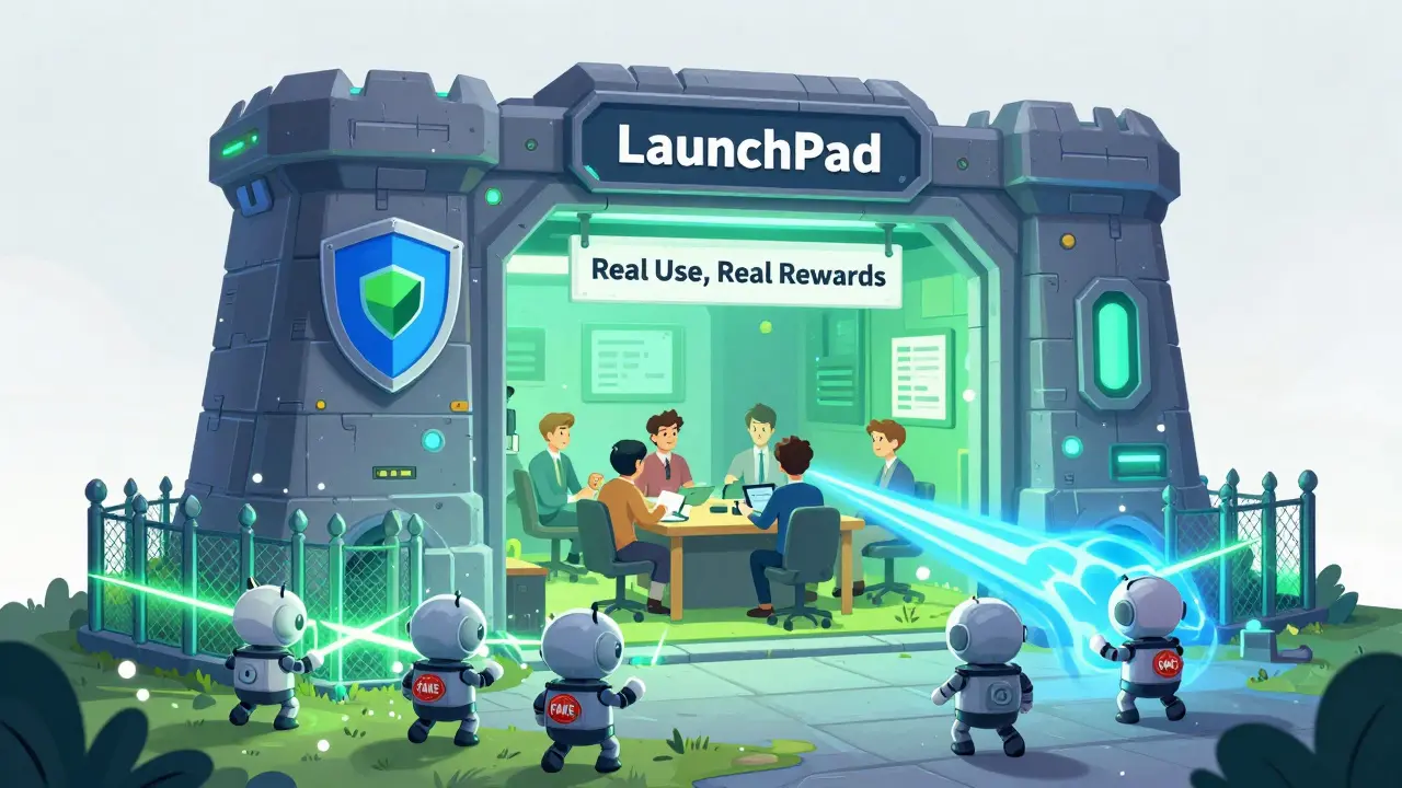 Anypad's secure platform repelling bot creatures with anti-bot shields while real users trade and stake.