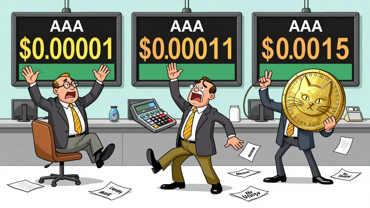 Cartoon traders arguing over three different AAA coin prices on screens.