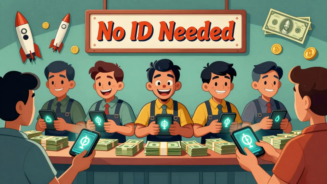 Crypto cafe workers in Cambodia exchanging digital wallets for cash, with missiles hidden in dollar bills.