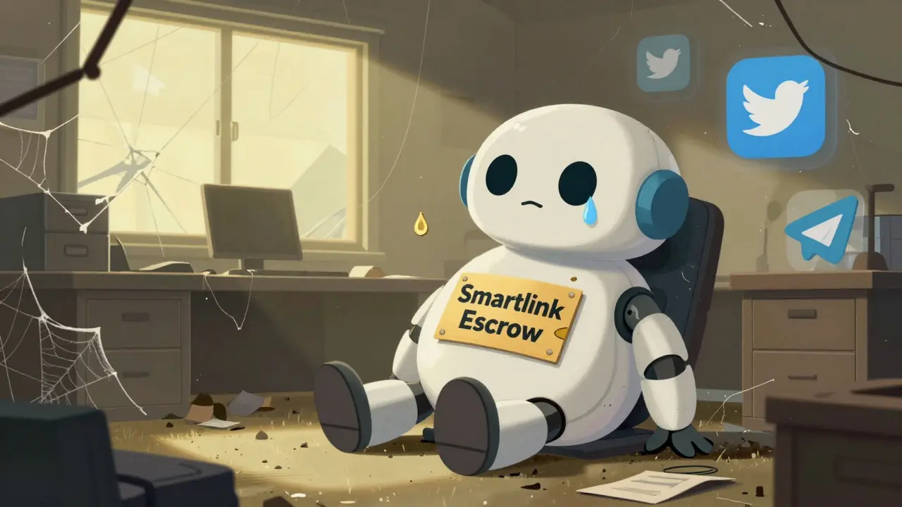 Deflated robot in abandoned office surrounded by faded social media logos.