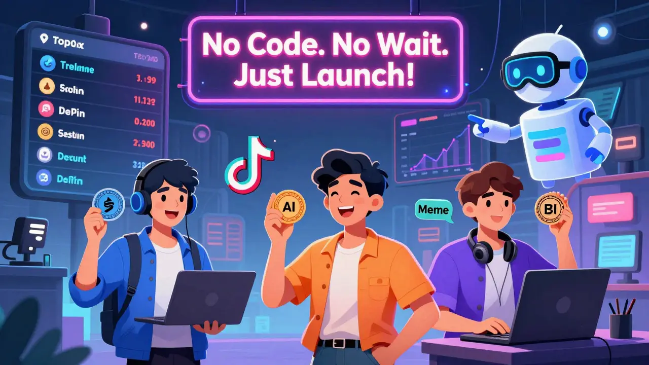 Diverse creators holding labeled tokens in a digital marketplace with top tokens on a scoreboard and AI agent guiding them.