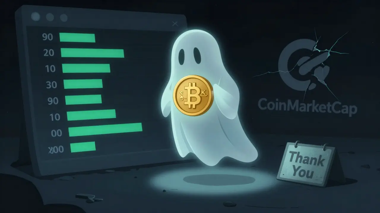 Ghostly SMAK token floating above empty blockchain ledger with zero trading volume.