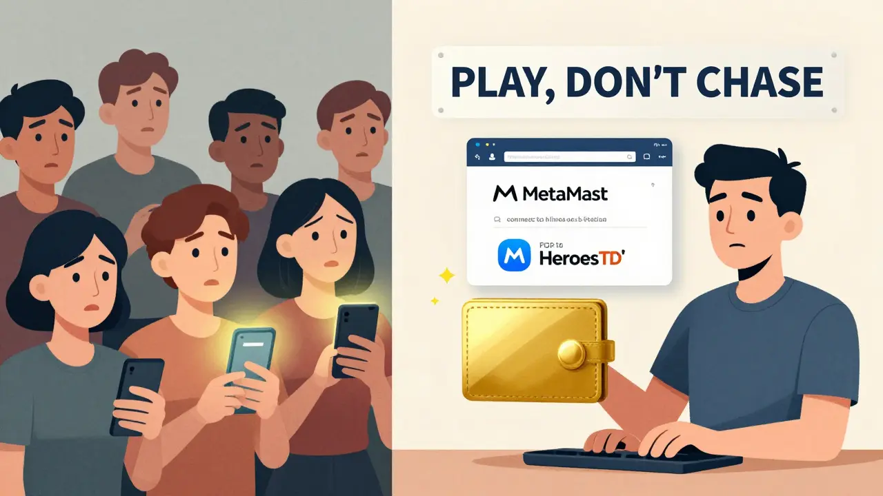 Split scene: confused people on fake airdrop sites vs. one player legitimately earning CGC in HeroesTD game.