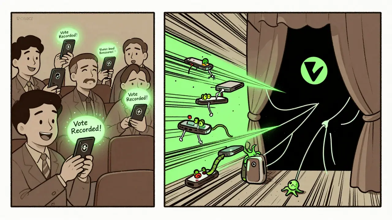 Split scene: happy voters on smartphones versus hidden malware and corporate manipulation behind the scenes.