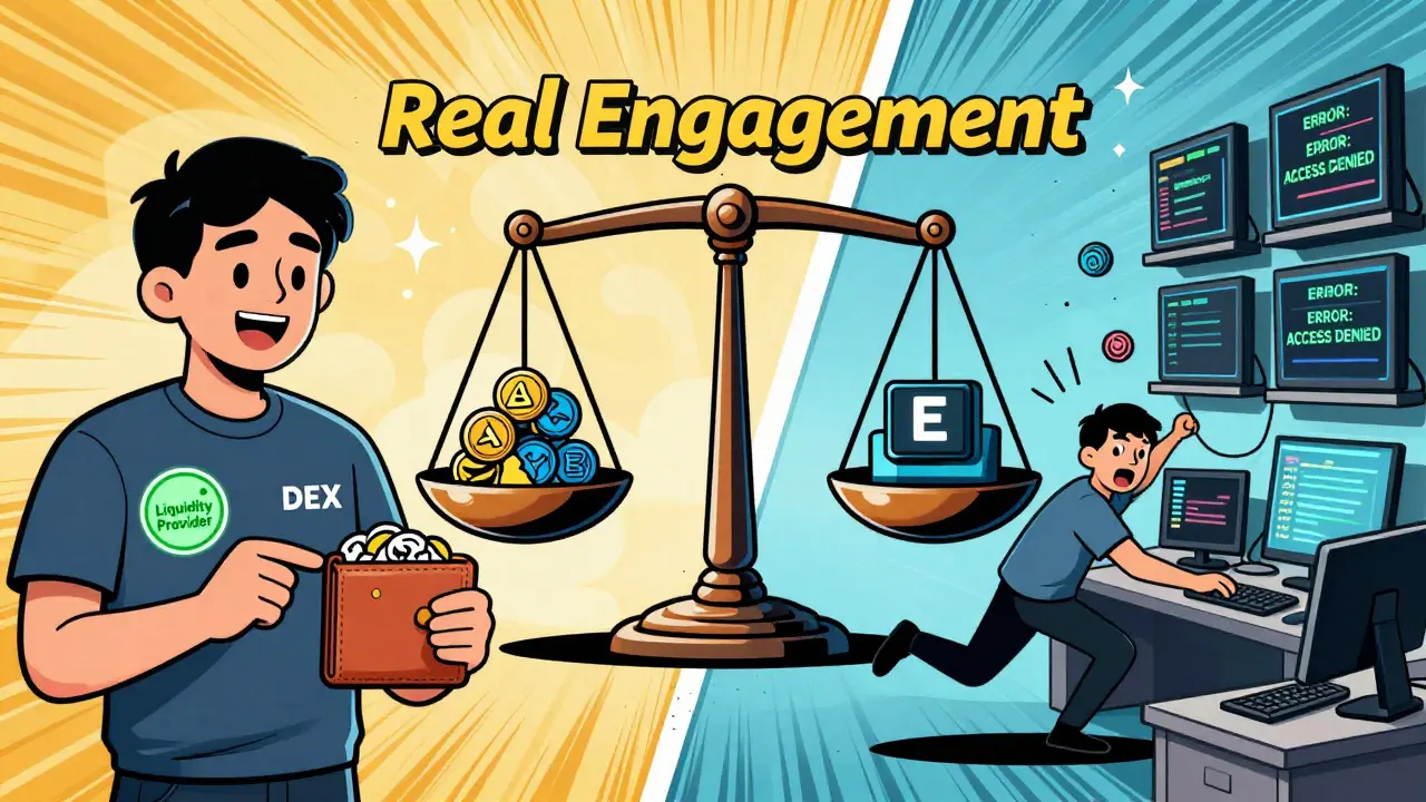 Split scene: one person earning APAD through real use, another failing with bots, symbolizing the choice.