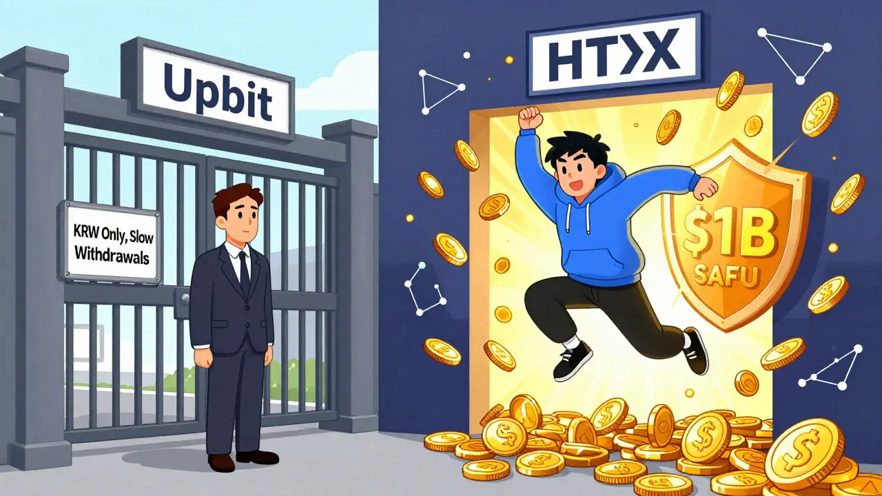 Split scene: Upbit's regulated gate vs. HTX's open portal with hundreds of coins, showing contrast between safe and high-speed trading.